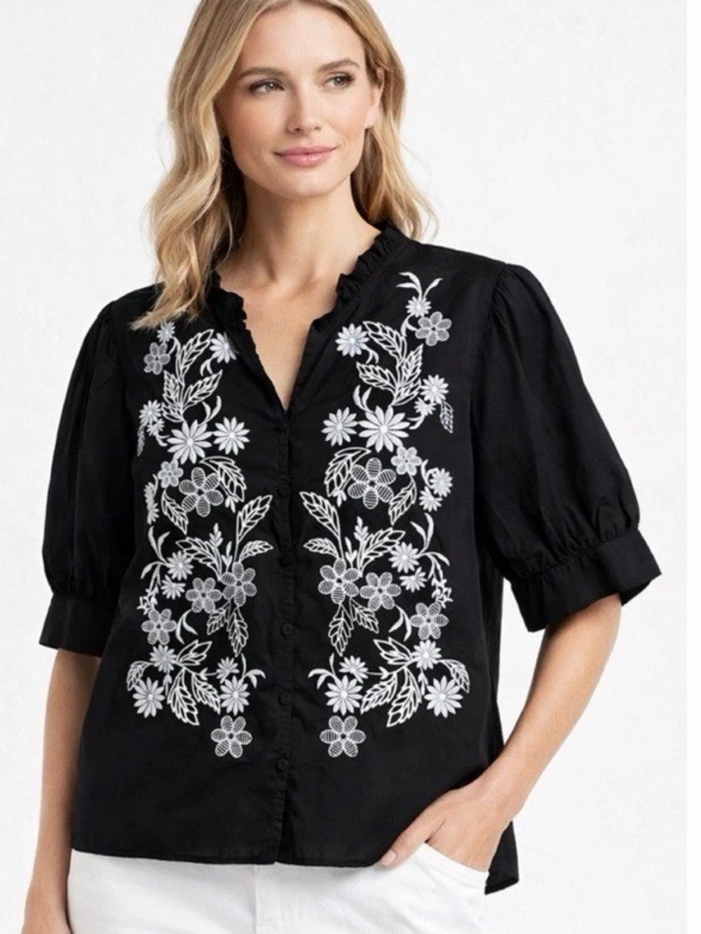 Calypso St. Barth Black Blouse with White Floral Embroidery
